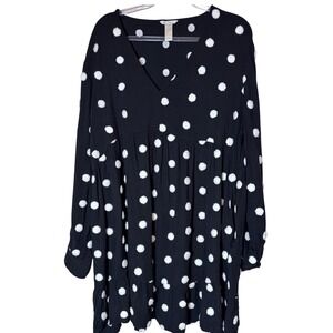 EST 1946 Black White Pom Pom Polka Dot Babydoll Mini Dress XL Long Sleeve V-Neck